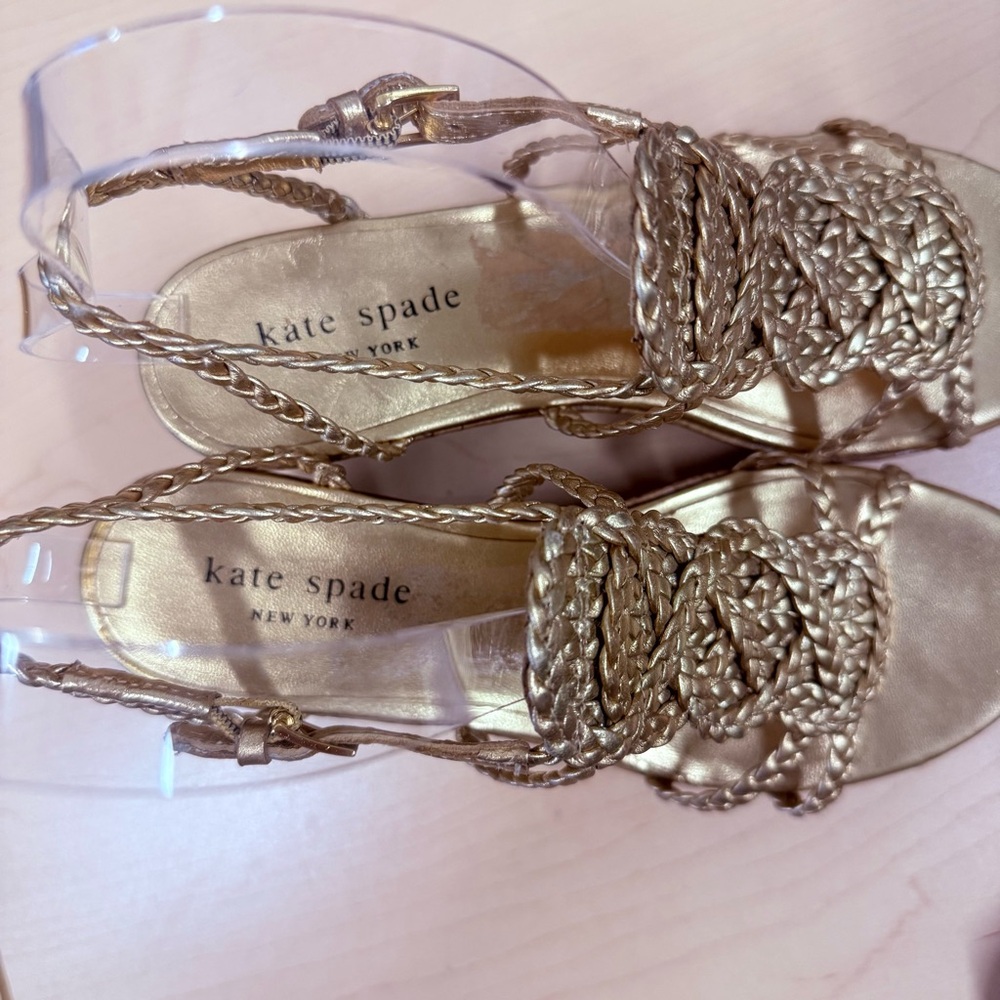 Kate Spade New York Metallic Gold Braided Leather Slingback Wedge Heels Size 5.5 - Picture 6 of 11
